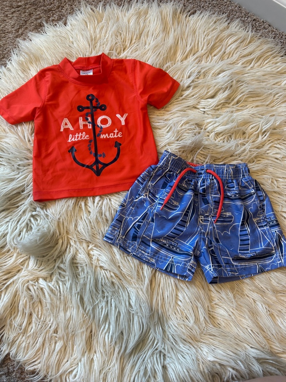 Carters 18 month boy’s "Ahoy" Nautical Rash guard &Blue Sailboat Swim Shorts Set